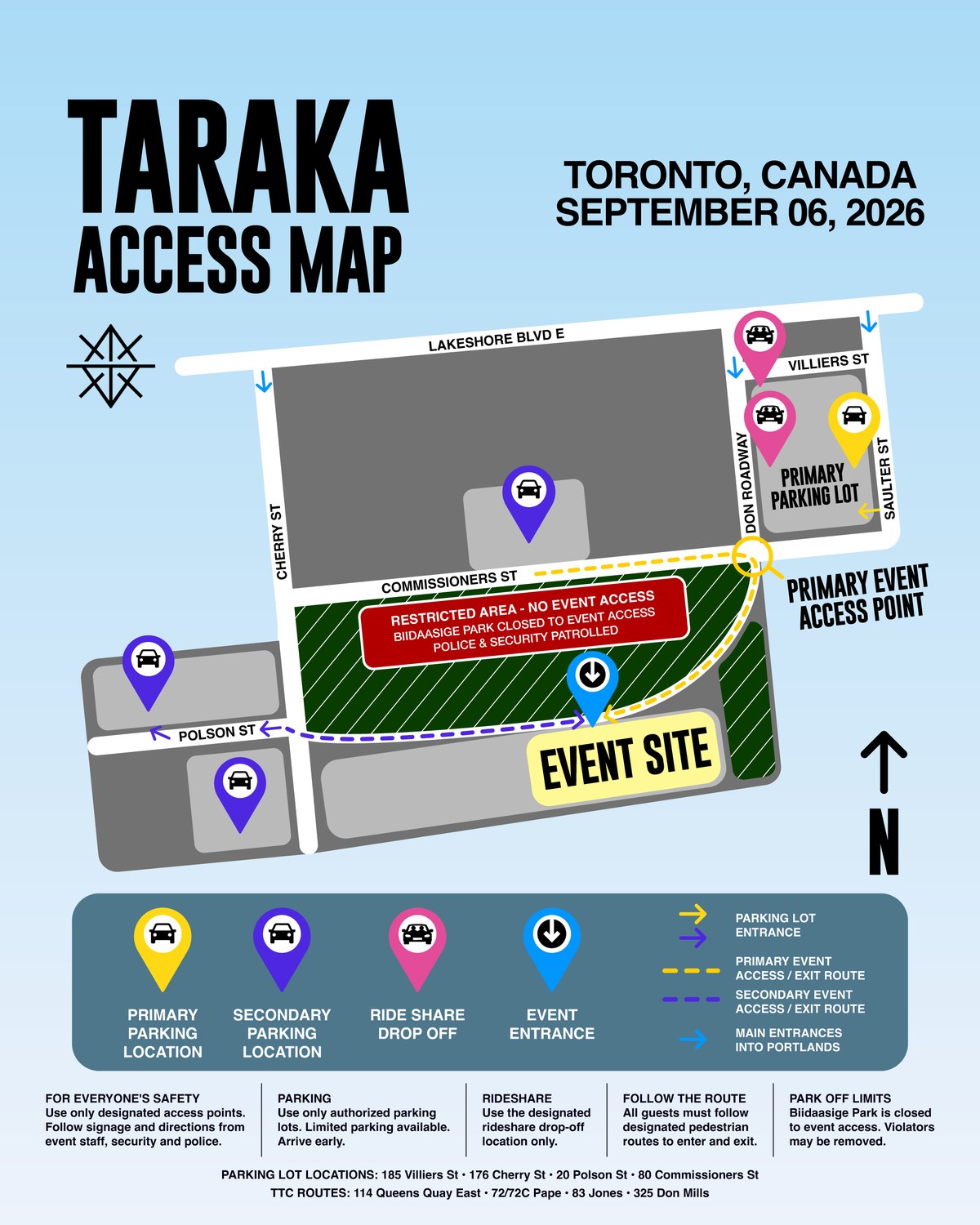 Taraka access map - parking, rideshare drop-off and event access points