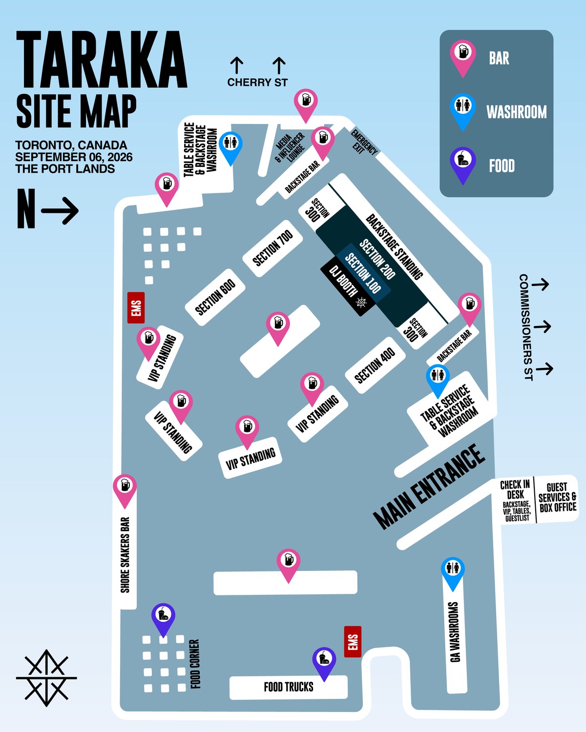 Taraka site map - stage, sections, bars, washrooms and food